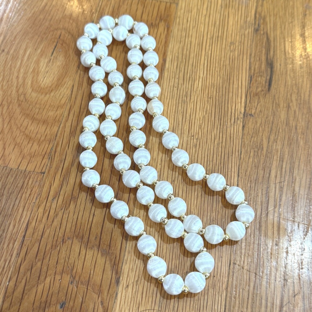 Vintage White Satin Thread Wrapped Bead Necklace Gold Tone Spacers 30" Strand